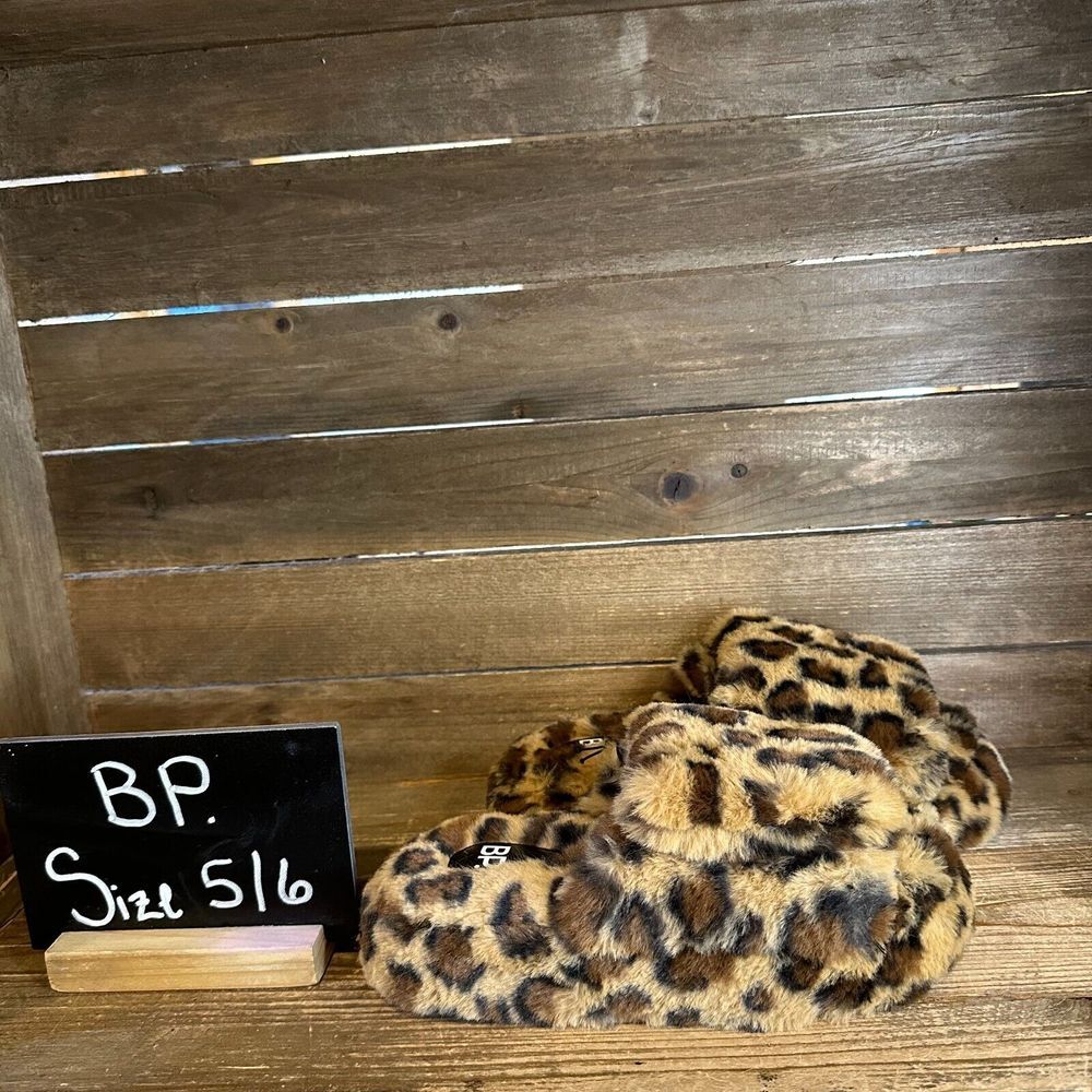 New Womens BP Sophie Brown Leopard Print‎ Faux Fur Slides Slippers Size 5 / 6